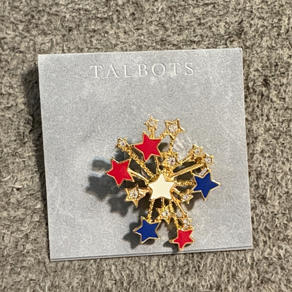 Talbots Gold Starburst Brooch with Red and Blue Accents